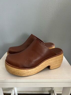 Everlane Brown Leather Clog Mules with Wood Platform